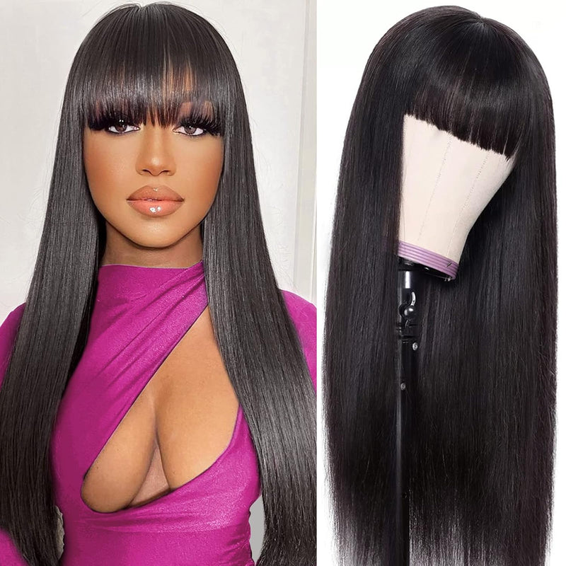 Human Hair Wig with Bangs — Straight, 150 Density