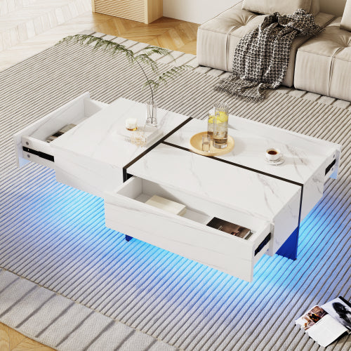 High Gloss Coffee Table — Marble Effect with LED Lights