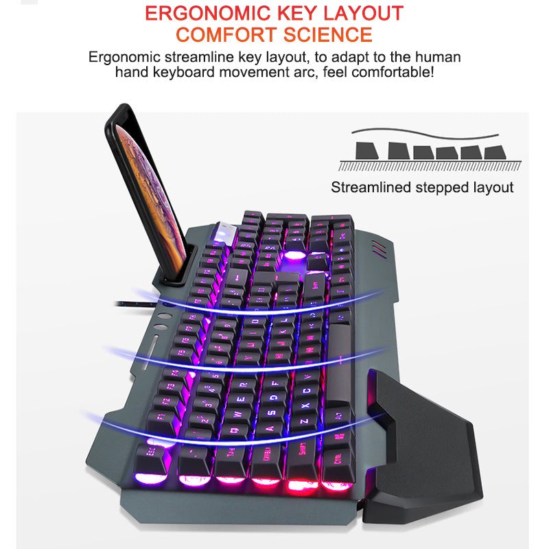 ErgonomicWired Gaming Keyboard with RGB Backlight Phone Holder My Social Shop