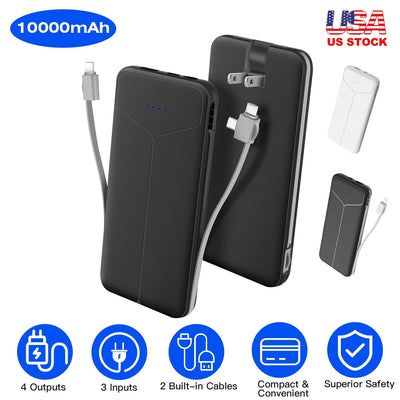 10000mAh Power Bank with Built-in Cables & Wall Plug